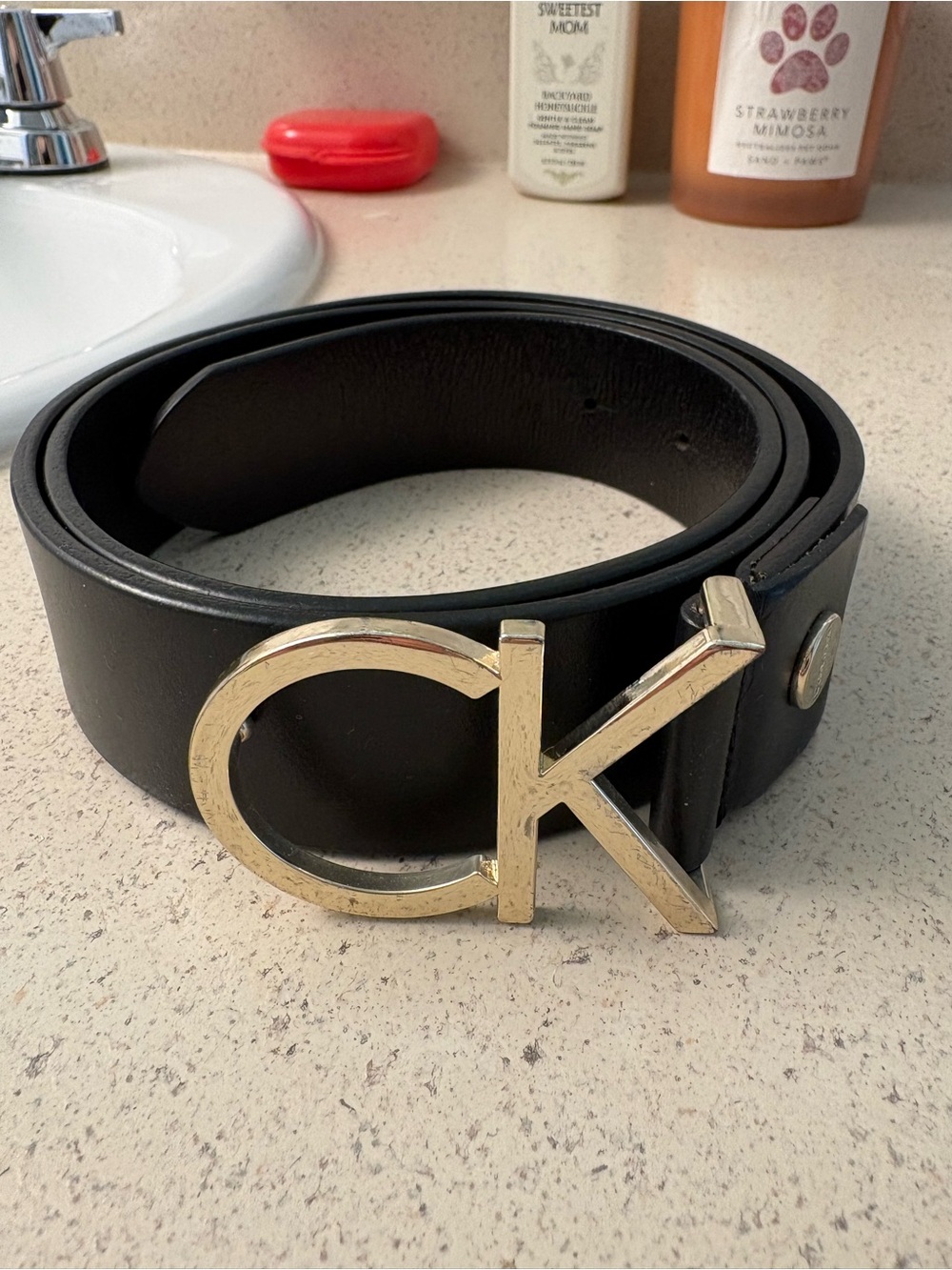 Calvin Klein Black Genuine Made in Italy Leather Belt with CK Logo Buckle